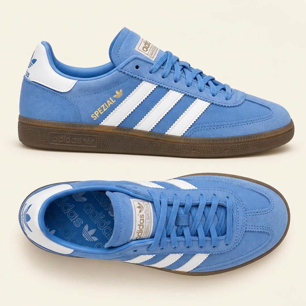 Light-blue Handball Spezial with cream background